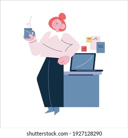 Young Happy Woman Worker Drinking Tea Or Coffee In Office In Morning