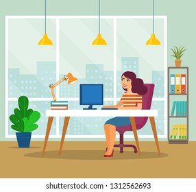 Young happy woman working at her office. Vector flat style illustration