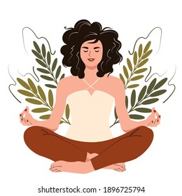 Young happy woman in yoga lotus pose. Girl meditation and mindfulness practice, spiritual discipline. Flat cartoon vector illustration.