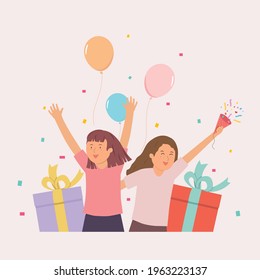 Young happy women celebrate at party, Happy day with gift boxes and balloons