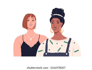 Young happy women couple portrait. Modern female friends smiling. Two beautiful girls of different race. Positive trendy pretty girlfriends. Flat vector illustration isolated on white background