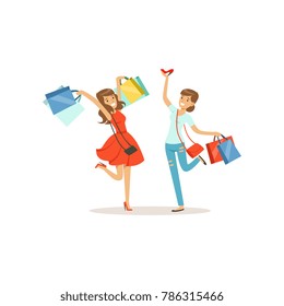 Young happy women having fun with shopping bags, girl shopping in a mall colorful vector illustration