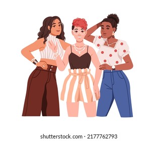 Mujeres jóvenes felices con largos y cortos pelos rizados. Retrato moderno de chicas de moda. Hermosas novias con rizos, peinados ondulados. Bastantes mujeres. Ilustración vectorial plana aislada en fondo blanco