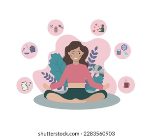 Young happy yoga mom is relaxing in the middle of the mess around and despite household duties. She is meditating in lotus position while baby bottle, phone, food are floating around. Vector flat