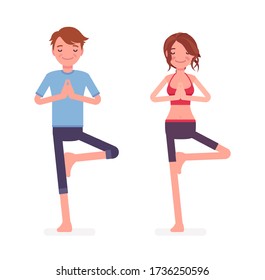 Young happy yogi man and woman in sports wear practicing yoga, partners doing Vrksasana pose, Tree exercise, yogic practice for physical and mental health. Vector flat style cartoon illustration