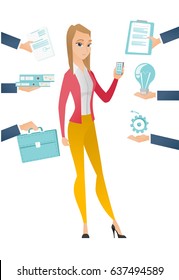 Young hard working business woman. Hard working business woman surrounded by many hands that give her a lot of work. Hard working concept. Vector flat design illustration isolated on white background.