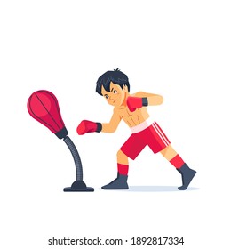 Young hardworking boxer learning to blow the punching bag at sport center, effective training process, kid taking up a new hobby. Cartoon flat vector illustration on white background.