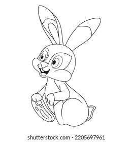 Young Hare sits and holds its paws. Template of coloring book with colorless cartoon Holiday Rabbit. Practice worksheet or Anti-stress page for kids. Hare, Rabbit as a symbol of the New Year or Easter