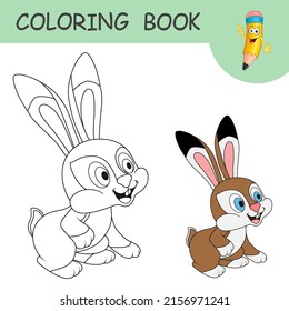 La liebre joven se sienta y mira hacia adelante. Libro de colorear con el divertido Conejo. Plantilla de muestras incoloras y de color del Conejo de dibujos animados en la página de coloreado. Practica la hoja de cálculo para niños. Felices fiestas.  