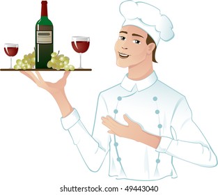 Young head-cook with a tray with red wine, grape and glasses