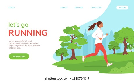 Young healhty woman runs in the city park. Landing page concept, template. Active  lifestyle, jogging, city competitions, running marathons, cardio workouts, exercise. Cartoon flat vector illustration