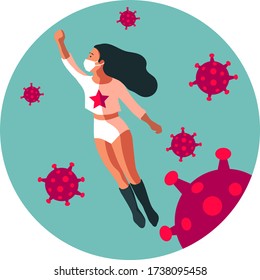 A young healthy and attractive woman wearing antibacterial mask and super hero nurse outfit flying high through coronavirus bacteria with a raised hand