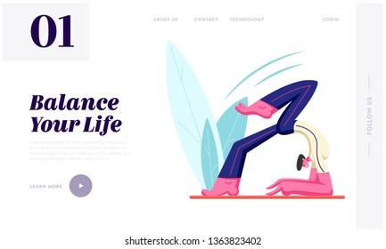 Young Healthy Male Character Trying to Keep Balance Doing Yoga Asana or Pilates Exercise Openair, Scorpion Pose, Vrischikasana. Website Landing Page, Web Page. Cartoon Flat Vector Illustration, Banner