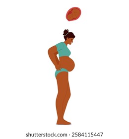 Young healthy pregnant woman expecting childbirth dreaming about baby son inside her tummy vector illustration. Maternal instinct development, happy pregnancy period and affectionate parent