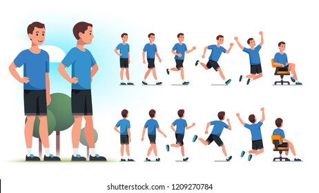 Young healthy sportsman person poses, various actions set. Front and back views collection. Fit man standing in park, walking, jogging, running, jumping, sitting in chair. Flat vector illustration