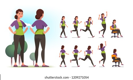 Young healthy sportswoman person poses, various actions set. Front and back views collection. Fit woman standing in park, walking, jogging, running, jumping, sitting in chair. Flat vector illustration