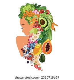 Young healthy woman abstract portrait with fruits vegetables and berries on her head.Veganism and vegetarianism concept.Clean food and Healthy lifestyle.Vegan girl Vector logo,emblem,print design