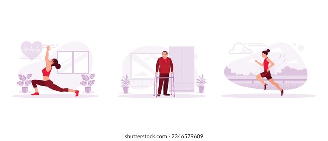 Young, healthy woman doing yoga pilates exercises, an old disabled man learning to walk, young sportsman jogging in sportswear. Set Trend Modern vector flat illustration