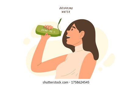 Young healthy woman drink water from her personal bottle to stay hydrated. Concept of good health, Eco friendly, hydrated skin, body balance, office lady. Flat vector illustration character.