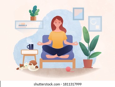 Young healthy woman practicing yoga in lotus pose and morning meditation at home cartoon flat. health benefits for body and mind. Meditation and state of mind concept vector illustration 