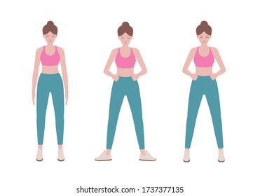 Young healthy woman in sportswear standing isolated on white background. Illustration about prepare posture of Sport people before fitness.