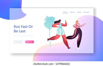 Young Healthy Women Running Marathon Distance on Nature Landscape Background. Sport Activity, Leisure. Girls Jogging Outdoors Website Landing Page, Web Page Cartoon Flat Vector Illustration, Banner