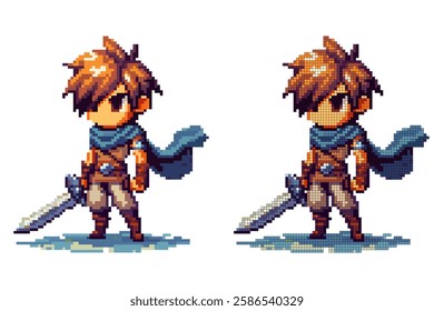 A young hero in colorful pixel art, wielding a sword, stands poised for action in a dynamic fantasy environment. The character radiates determination and bravery.