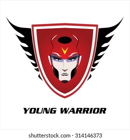 young hero, young superhero, young warrior. young hero on the red winged shield. head of young warrior over the red shield. young soldier. badge for rookie. Rookie. next challenger. next champion.