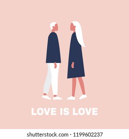 Young heterosexual characters standing in front of each other. Love is love. Romantic relationships.