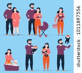 Young heterosexual couple in different family situations. Man and woman with baby and carriage, lady carry her child in slingshot, bathing her baby. Male throws kid up int the air. Vector illustration