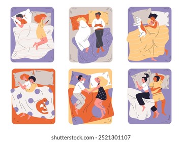 Young heterosexual and homosexual couples hugging and lying on the bed with pet. Rest and relaxation time together with cat or dog. Vector flat set. Cartoon relationship in love and conflict