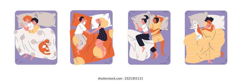 Young heterosexual and homosexual couples hugging and lying on the bed with pet. Rest and relaxation time together with cat or dog. Vector flat illustrations set. Cartoon lovers relationship in love