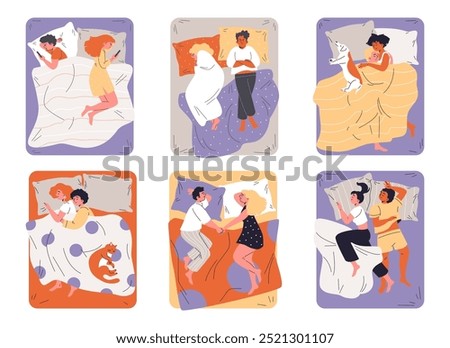 Young heterosexual and homosexual couples hugging and lying on the bed with pet. Rest and relaxation time together with cat or dog. Vector flat set. Cartoon relationship in love and conflict