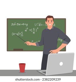 Young high school male teacher teach math online through laptop in classroom. Flat vector illustration isolated on white background