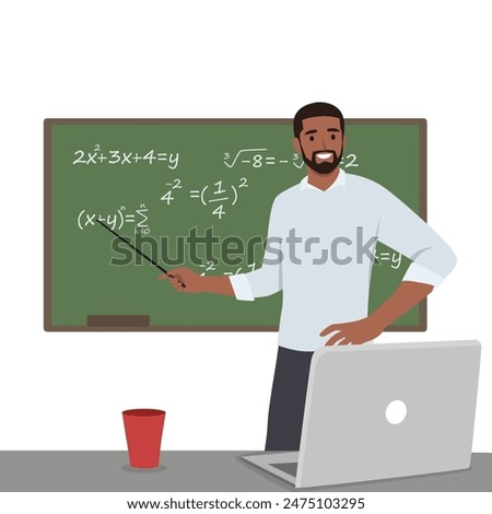Young high school teacher teach math online through laptop in classroom. Flat vector illustration isolated on white background