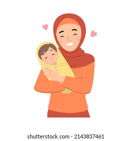 Young hijab mother holding her baby with happy face. Flat vector cartoon design