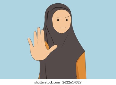 Young Hijab woman wearing casual t-shirt over blue isolated background doing stop sign with palm of the hand