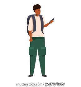 Young hiker is checking his location on his phone while wearing a backpack