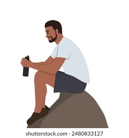 Young Hiker sitting on cliff of a mountain and looking through binoculars. Flat vector illustration isolated on white background