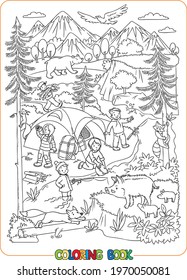 Young hikers or tourists in the wild Coloring book