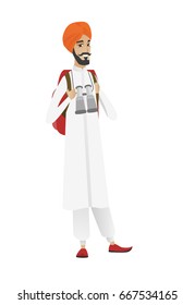 Young hindu backpacker with backpack and binoculars. Full length of of happy backpacker traveling. Backpacker with binoculars on neck. Vector flat design illustration isolated on white background.