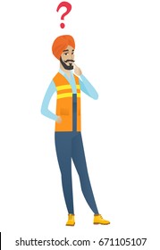 Young hindu builder standing under question mark and thinking. Thoughtful builder looking at question mark above his head. Vector flat design illustration isolated on white background.