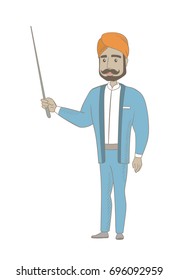 Young hindu businessman holding a pointer. Smiling businessman giving a business presentation with a pointer. Vector sketch cartoon illustration isolated on white background.