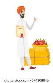 Young hindu farmer holding certificate on the background of hay bale and basket of apples. Farmer showing certificate and thumb up. Vector flat design illustration isolated on white background.