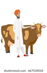 Young hindu farmer stroking cow. Farmer in headscarf standing near cow. Smiling cow breeder standing in front of cow. Vector flat design illustration isolated on white background.