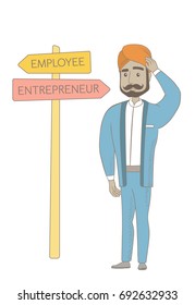 Young hindu man standing at road sign with two career pathways - entrepreneur and employee. Man making a decision of his career way. Vector sketch cartoon illustration isolated on white background.