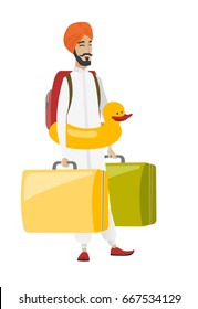 Young hindu traveler man with suitcases in hands and inflatable ring with duck on his waist. Cheerful traveler man in inflatable ring. Vector flat design illustration isolated on white background.