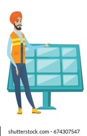 Young hindu worker of solar power plant. Engineer checking solar panel setup. Engineer standing on the background of solar power plant. Vector flat design illustration isolated on white background.