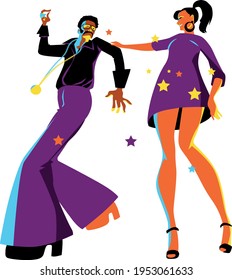 Young Hip Couple Dressed In 70s Fashion Dancing Disco, View From Below, EPS8 Vector Illustration