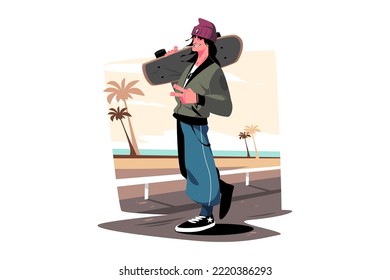 Young Hip Hop Guy Holding Skate On Shoulder Vector Illustration. Guy Hip-hopper Showing Victory Sign. Hip-hop Culture And Art Movement Flat Concept